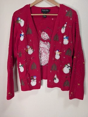 VTG Christmas Sweater L Embroidered Beaded Holiday Snowman Tree Cardigan  - Image 1 of 4