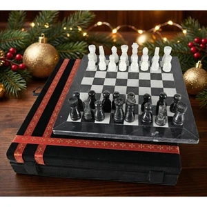 Handmade Marble Chess Set: 12" chess board chess & pieces black & white,gift box - Picture 1 of 10