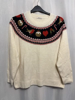 @169 Tu Sz 18 Cream Knit Navy Robin Yoked Neckline Soft Xmas Jumper - Image 1 of 4