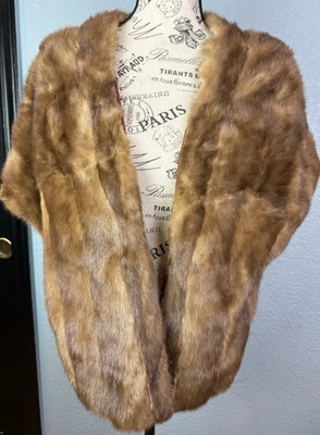 Vintage Fur Mink Stole Wrap Shall Brown Shawl Bolo One Size Lined 50s 60s - Image 1 of 4