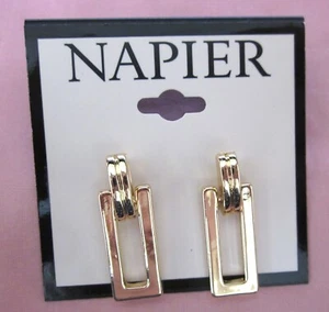Napier Signed New Pierced Drop Earrings Shiny Gold Tone Rectangle EXC on Card - Picture 1 of 6