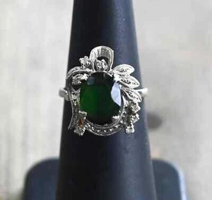 Vintage Green Tourmaline, Diamond, White Gold Ring size 5.5 -Estate Purchase - Picture 1 of 9