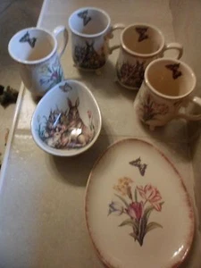 Set of 4 Rabbit flower Design Cups Mugs w Feet + plate,bowl.Butterfly inside - Picture 1 of 6