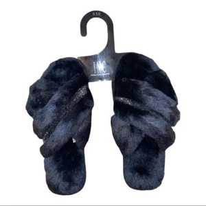 INC Black Faux-Fur Crossband Slippers Slides Women's Extra Large 11-12 New - Picture 1 of 3