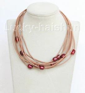 wholesale 17" 20 piece 11mm wine red freshwater pearls khaki leather necklace - Picture 1 of 4