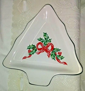 International China Stoneware Christmas Tree Shape Candy/Nut Dish-Holly Ribbon - Picture 1 of 8