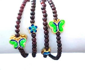 "Pulsera redonda de granate marrón natural de 3-4 mm para mujer con cloisonne de mariposa 27" - Imagen 1 de 4