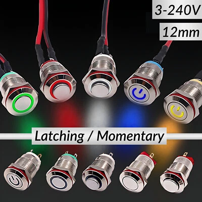 12mm Latching/Momentary Round Push ON/OFF Power Button Switch Waterproof 3-240V - Image 1 of 4