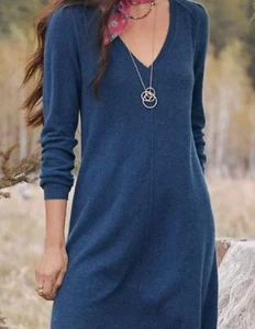 NWT Sundance Women's V-neck Blue Long Sleeve Cashmere Sweater Dress Size Large - Picture 1 of 2