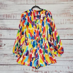NY & CO Rainbow Paint Splash Silky Romper Dress Size M Puff Sleeve Whimsy NWT - Picture 1 of 16