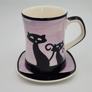Hues N Brews Violett Schwarz Katze Becher Tasse & Untertasse Set Cattitude Retro Keramik #2 - Bild 1 von 12