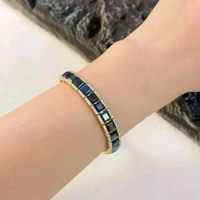 Brazalete tenis hombre zafiro 8 quilates corte princesa creado en laboratorio acabado oro amarillo 14K Foto 1 de 4