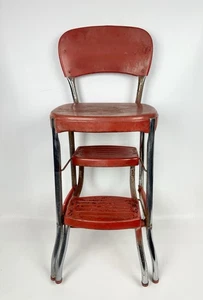 Vintage 3 Step Folding Ladder Chair Red  - Picture 1 of 15