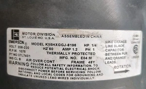 EMERSON K55HXGGJ-8196 Condenser Motor 37L7401 1/4HP 208/230V 1075RPM used 4B=47 - Picture 1 of 3