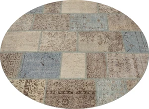 Turkish Handmade Round Area Rug 5x5 Distressed Modern Patchwork Wool Carpet - Picture 1 of 6
