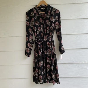 NWT Nanette Lepore Floral Printed Pleat Shirtdress Dress Black Size 4 Waist Tie - Picture 1 of 13