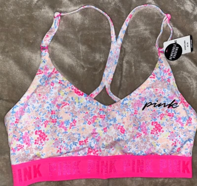 NUEVO CON ETIQUETAS VS ROSA Sujetador Deportivo Floral Top Talla Mediana Ligeramente Forrado Almohadillas Extraíbles Foto 1 de 2