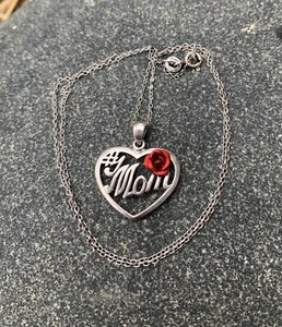 MOTHER’S DAY SU Necklace Silver Heart #1 Mom Red Enamel Rose Sterling 925 18” - Picture 1 of 5