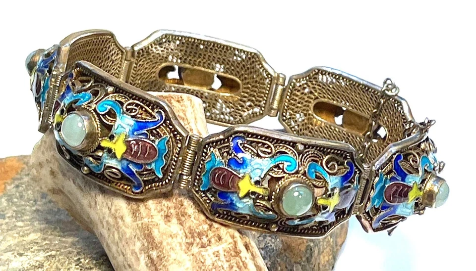 Antiguo Brazalete de Exportación China Jade Plata Filigrana Oro Esmalte Dorado ~ ¡Perfecto! Foto 1 de 4