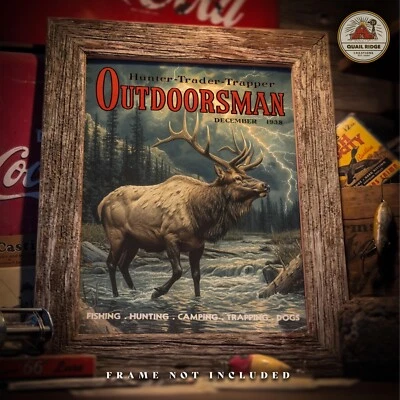 Vintage Elk Hunting Art Print Wildlife Magazine Fishing Cabin Wall Decor Gift - Image 1 of 4