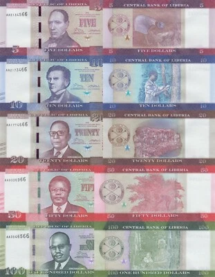 Liberia 5 PCS Set: 5 - 100 Dollars (2016), p31a/p32a/p33a/p34a/p35a "AA" UNC - Image 1 of 4