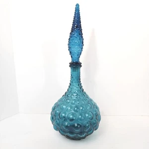 Vtg Handblown Italian Art Glass Genie Bottle Bubble Hobnail With Stopper Blue - Picture 1 of 8