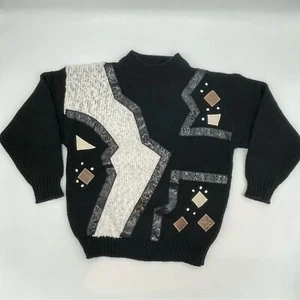 Vintage 80s Sweater Funky Abstract Faux Leather Geometric Mock Neck Women Black - Picture 1 of 13