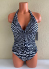 Kenneth Cole Womens Find Tranquility Push-Up One-Piece Swimsuit Blk/White Size M