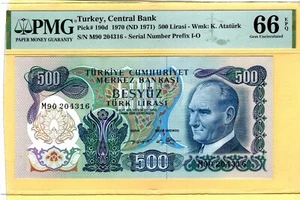 TURKEY 500 Lira 1970-71 p190d PREFIX -- M90 204316--- UNC PMG 66 EPQ (TK 15 431) - Picture 1 of 2