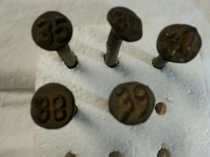 5 ROUND VINTAGE RAISED NUMBERED RAILROAD NAILS 35 - 36 - 37 - 38 - 39 - Picture 1 of 8
