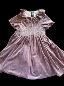 Papouelli (London) EUC* Mauve Smocked Embroidered Velour Ruffled Lined Dress-6Yr - Picture 1 of 9