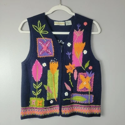 De Colección Sigrid Olsen Deporte Abstracto Patchwork Suéter Boho Casa Floral Cremallera Chaleco  Foto 1 de 4