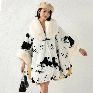 Ladies Midi Faux Rabbit Fur Collar Cape Shawl Loose Batwing Sleeve Cardigan Coat - Picture 1 of 18