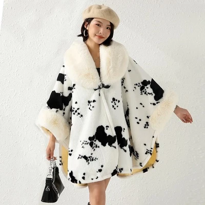 Ladies Midi Faux Rabbit Fur Collar Cape Shawl Loose Batwing Sleeve Cardigan Coat - Image 1 of 4