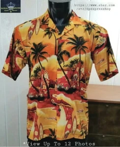 ROYAL CREATIONS Hawaiian Sunset Surf Scene Cotton Button Front S/S Shirt Sz M - Picture 1 of 8