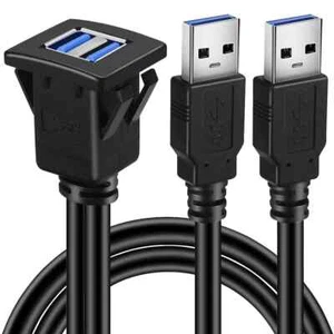 Dual Ports Square USB 3.0 Panel Flush Mount Extension Cable with Buckle for Car - Picture 1 of 6