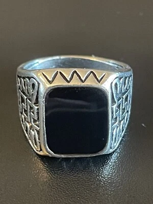S925 Серебряное покрытие черный обсидиан камень женщина мужчин заявление кольцо размер 8 - Изображение 1 из 4
