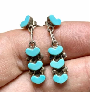Vintage Sterling Silver Triple Heart Dangle Earrings, with Turquoise - Picture 1 of 3