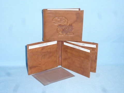 KANSAS JAYHAWKS   Leather BiFold Wallet   NEW   brown 3+ Cover