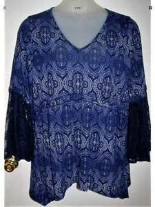 HANNAH Boho Flare dunkelblau Spitzenärmel Top Bluse 2X 22/24, neu ohne Etikett. - Bild 1 von 3