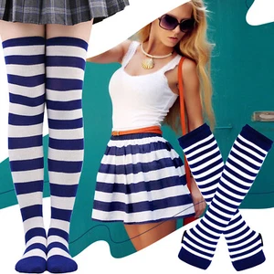 Women's Girls Striped Knee High Stocking Socks Arm Warmer Fingerless Gloves Set - Picture 1 of 63