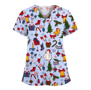Women Men Printed Scrub Tops Medical Nursing V-Neck Short Sleeve Festival/Daily - Picture 1 of 72