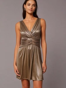 BCBG Max Azria Dress AUS S/10 US6 Mini Gold Metallic Pleated Formal Party Event - Picture 1 of 10