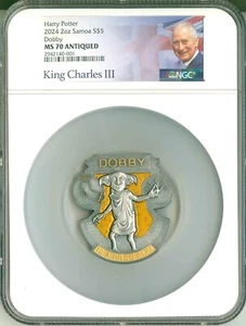 2024 Samoa S$5 Harry Potter Dobby Is A Free Elf 2 Oz NGC MS70 Antiqued Box OGP - Picture 1 of 7