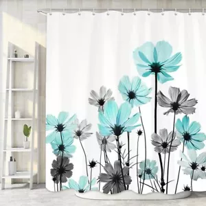 Teal Shower Curtain Rustic Elegant Floral Turquoise And Gray Daisy Flower Bathro - Picture 1 of 9