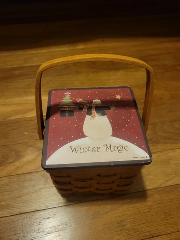Karen Cruden Winter Magic Woven Basket With Snowman Lid 4x4 Inches Cover