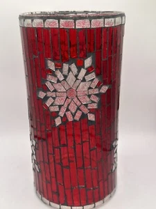 Red White Glitter Snowflakes Mosaic Glass Pillar Candle Holder 10 in - Picture 1 of 11