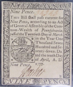 1777 VCN64 Pennsylvanian Colonial Note 9 Pence, PCGS, SN 34343 (Radar SN) - Picture 1 of 4