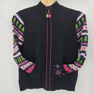 Quacker Factory Embroidered Holiday Full Zip Cardigan Sweater XL Black Pink Gree - Image 1 of 4