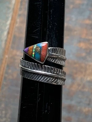 Anillo envolvente de plumas de plata de ley 925 incrustación ópalo turquesa ostra espinosa ajuste Foto 1 de 4